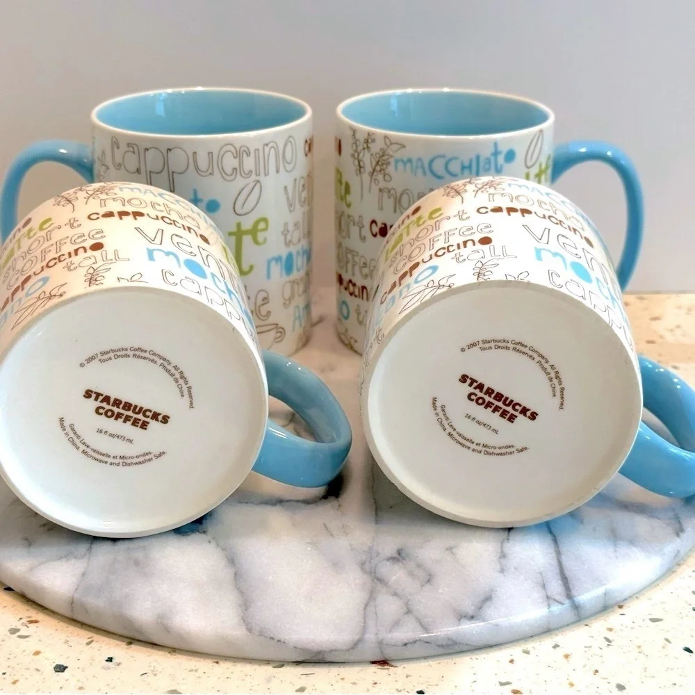 Vintage 2007 Starbucks Blue‎ Coffee Script Large Coffee Mug Set
